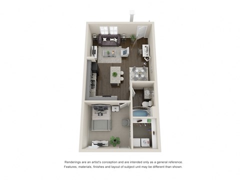 Floor plan for 1 bed, 1 bath, 659 sqft